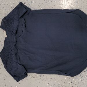 Navy Blue Short Sleeve Blouse with Lace Detail